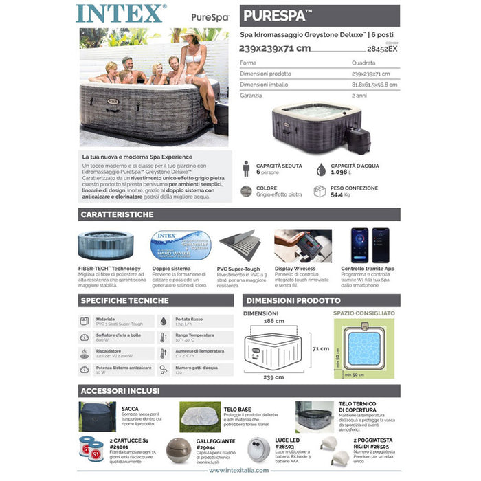 INFLATABLE JACUZZI 239X239X71CM GREYSTONE BUBBLE DELUXE INTEX 28452