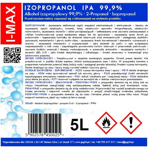Isopropyl alcohol Isopropanol IPA I-MAX 99.9% 5L - Hardware cleaners<<<HurtelXML