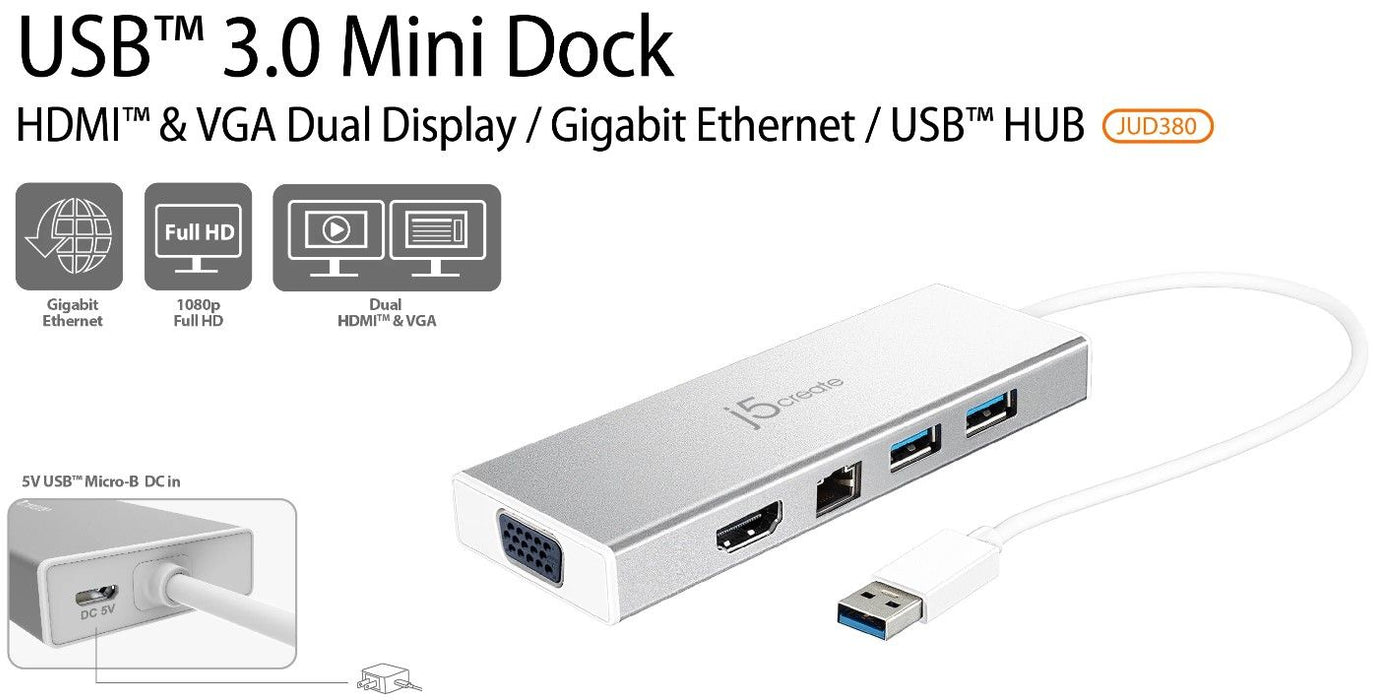 6-port hub j5create Mini Dock JUD380, USB 3.0, Gigabit Ethernet, HDMI, VGA, USB-B, White
