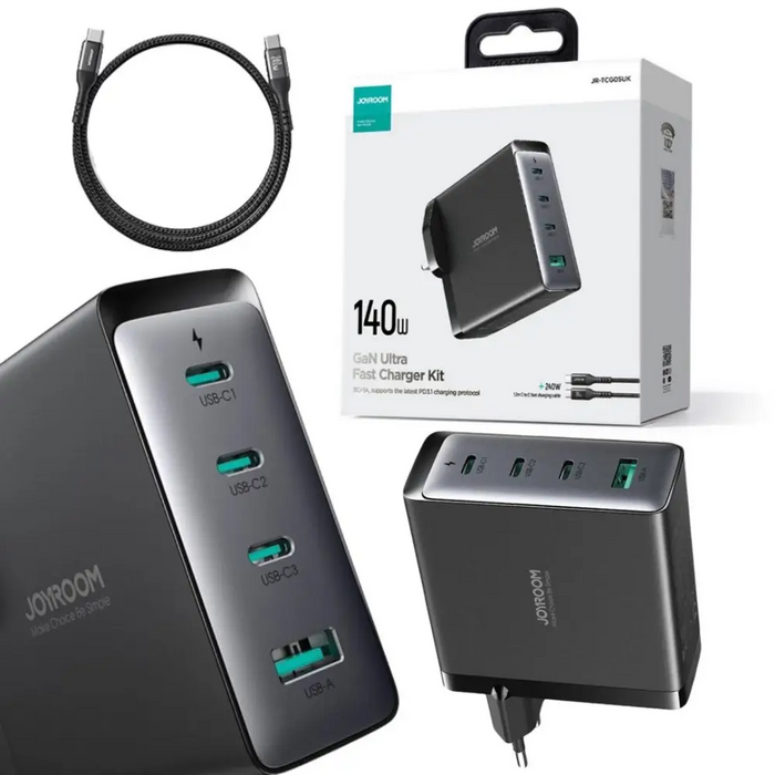Joyroom GaN Ultra JR-TCG05EU 140W PD 3.0 QC 3.0 Wall Charger 3x USB-C 1x USB-A Black + Cable - Travel