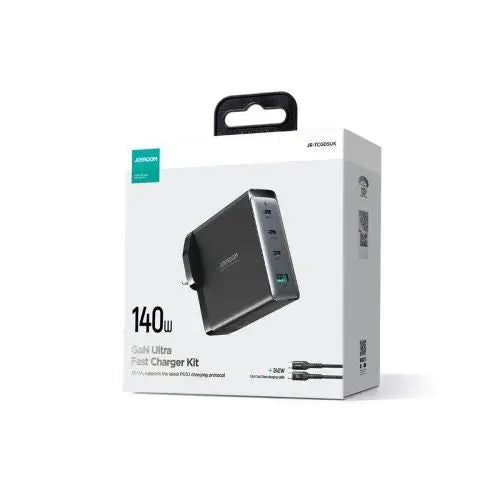 Joyroom GaN Ultra JR-TCG05EU 140W PD 3.0 QC 3.0 Wall Charger 3x USB-C 1x USB-A Black + Cable - Travel