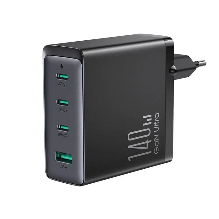 Joyroom GaN Ultra JR-TCG05EU 140W PD 3.0 QC 3.0 Wall Charger 3x USB-C 1x USB-A Black + Cable - Travel
