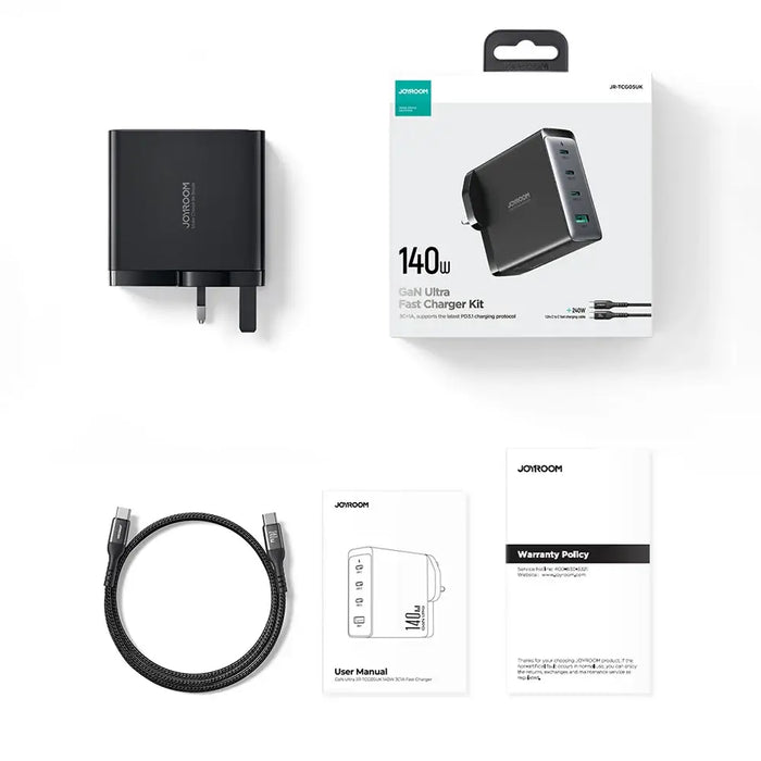 Joyroom GaN Ultra JR-TCG05EU 140W PD 3.0 QC 3.0 Wall Charger 3x USB-C 1x USB-A Black + Cable - Travel