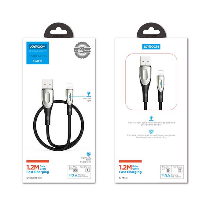 Joyroom Sharp Series S-M411 USB-A / Lightning 3A Cable 1.2m with Charging Indicator - Black