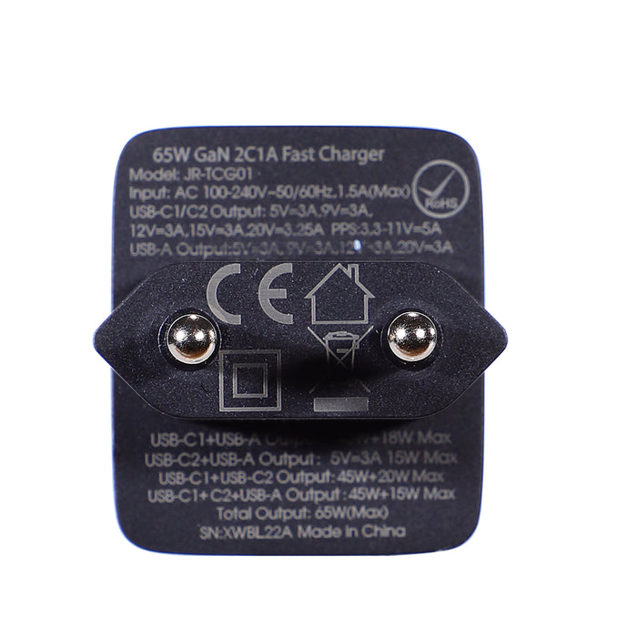 Joyroom fast GaN charger 65W USB-A, 2x USB-C black + USB-C - USB-C cable 100W 1.2m (TCG01)