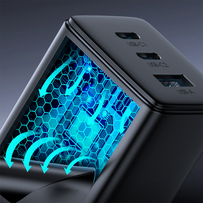 Joyroom fast GaN charger 65W USB-A, 2x USB-C black + USB-C - USB-C cable 100W 1.2m (TCG01)