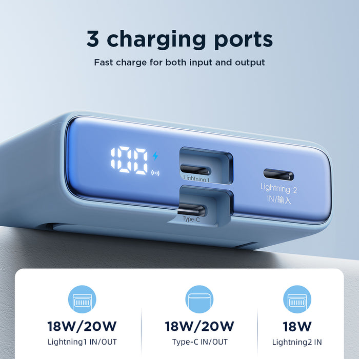 Powerbank Joyroom JR-PBM01 magnetic 10000mAh 20W with stand + Lightning cable - USB-C - blue