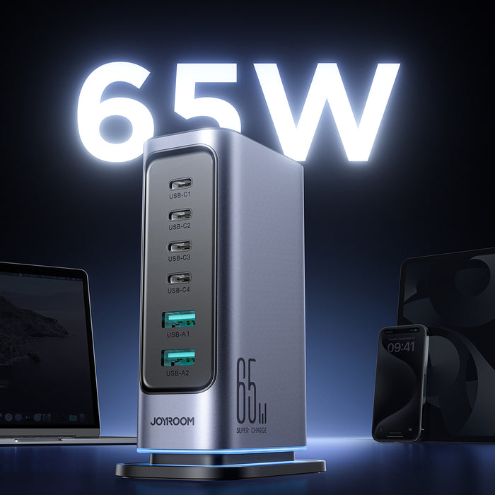 Joyroom JR-TCM02 Multiport GaN Charger 65W EU 4x USB-C 2x USB-A - Dark Gray