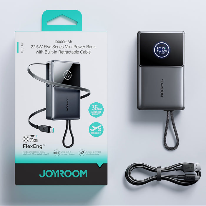 Joyroom JR-PR1 10000mAh 22.5W Powerbank with Built-in Retractable USB-C Cable - Black