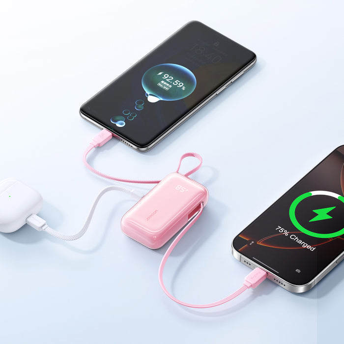 Joyroom JR-PR2L 10000mAh 35W Power Bank with Built-in Retractable USB-C Cable and USB-C Lanyard Cable - Pink
