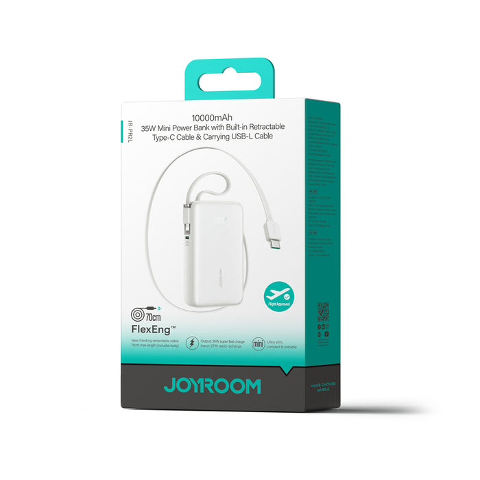 Joyroom JR-PR2L 10000mAh 35W Power Bank with Built-in Retractable USB-C Cable and Lightning Lanyard Cable - White