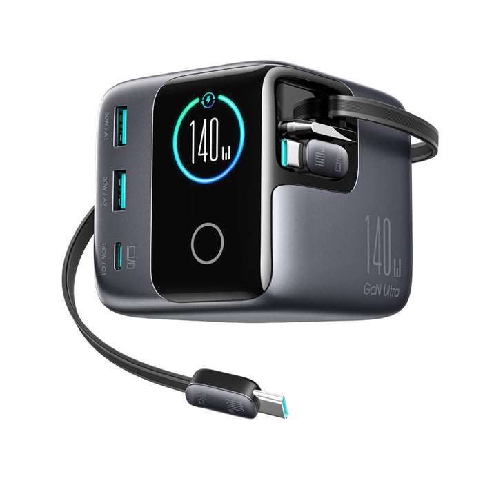 Joyroom Podix JR-TRD01 GaN 140W Desktop Charger with 5 Ports and Dual Retractable Cables - Gray