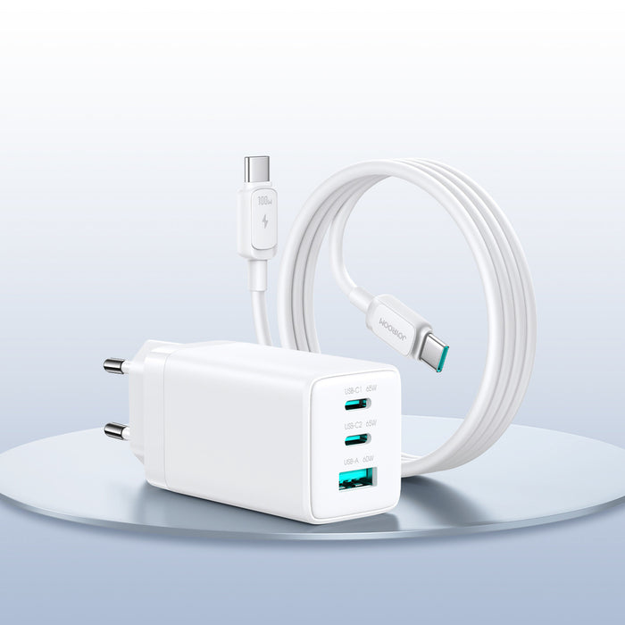 Joyroom JR-TG10 65W GaN 2x USB-C + USB-A wall charger with 65W USB-C - USB-C 1.2m cable - white