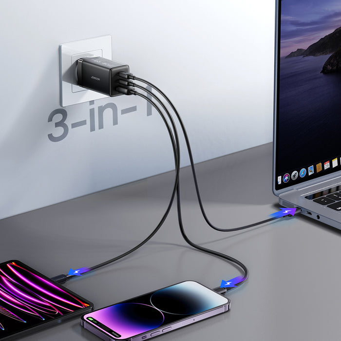 Joyroom JR-TG10 65W GaN 2x USB-C + USB-A wall charger with 100W USB-C - USB-C 1.2m cable - black