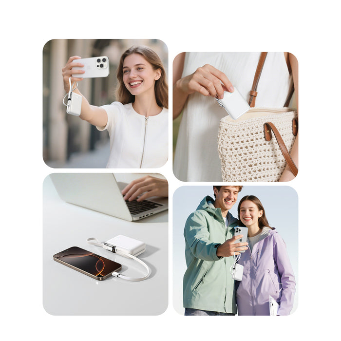 Joyroom JR-PBF27 Pro 10000mAh 30W Power Bank with Built-in USB-C Cable and Additional Bidirectional USB-C to Lightning Cable - White