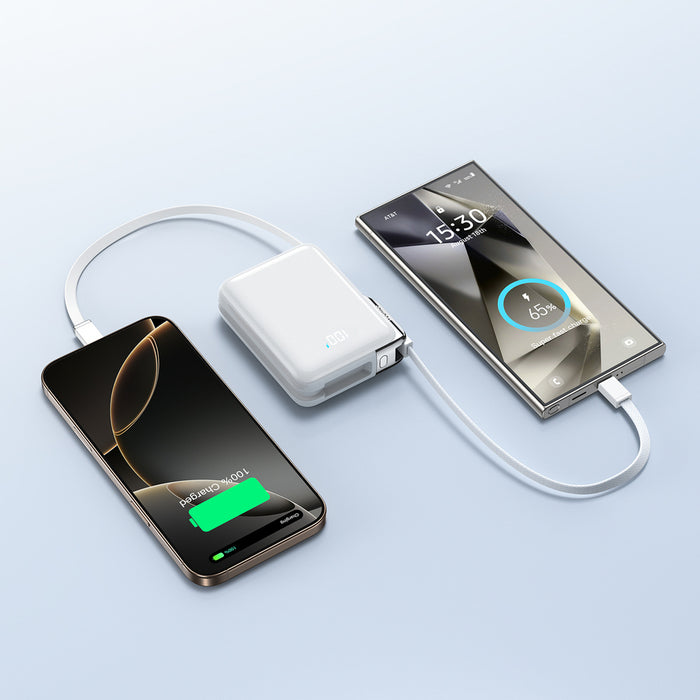 Joyroom JR-PBF27 Pro 10000mAh 30W Power Bank with Built-in USB-C Cable and Additional Bidirectional USB-C to Lightning Cable - White