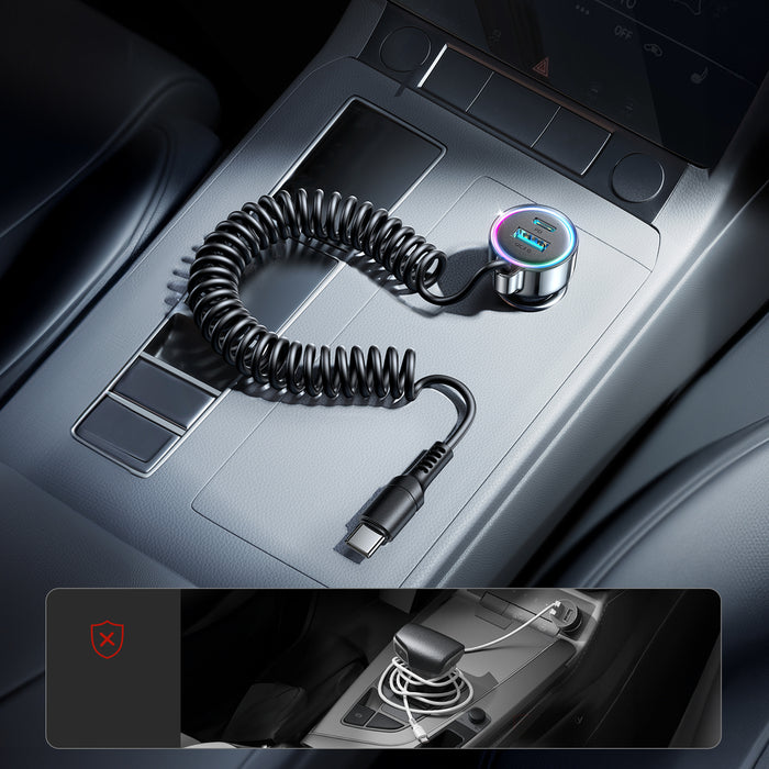 Joyroom JR-CL07 72W 3-in-1 Car Charger with 1.6m USB-C Cable – Black
