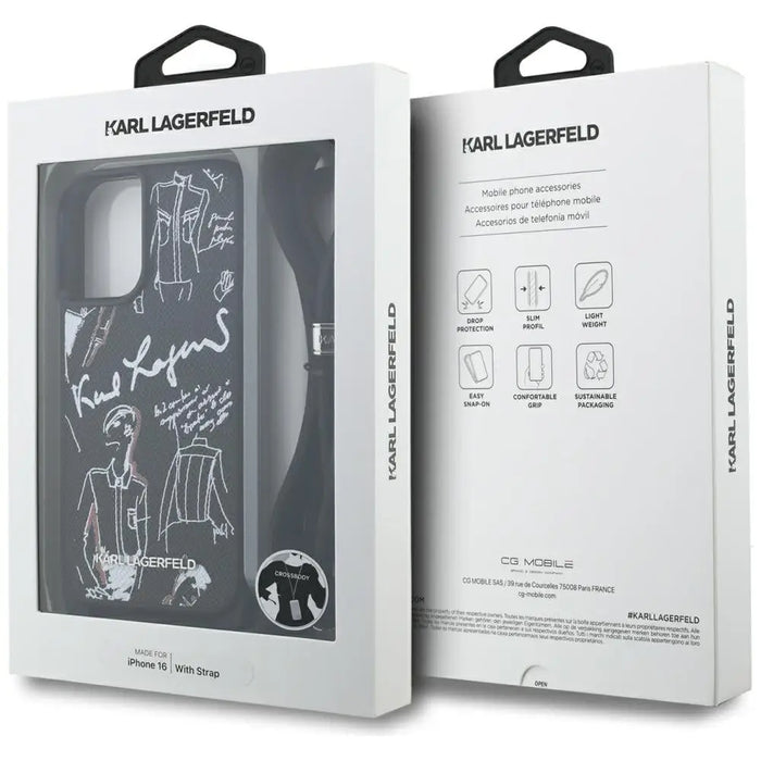 Karl Lagerfeld Crossbody Grained Pattern & Logo Case for iPhone 16 - Black - Cell phone cases and covers<<<HurtelXML