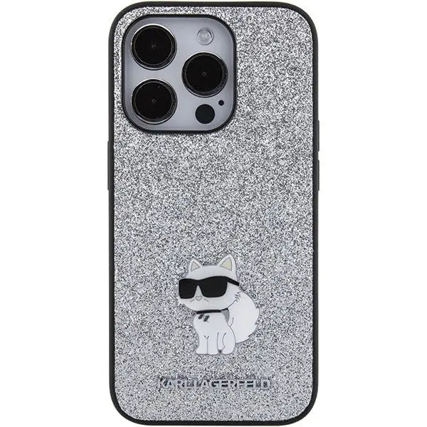 Karl Lagerfeld Fixed Glitter Choupette Logo Metal Pin Case for iPhone 15 Pro - Silver - Cell phone cases
