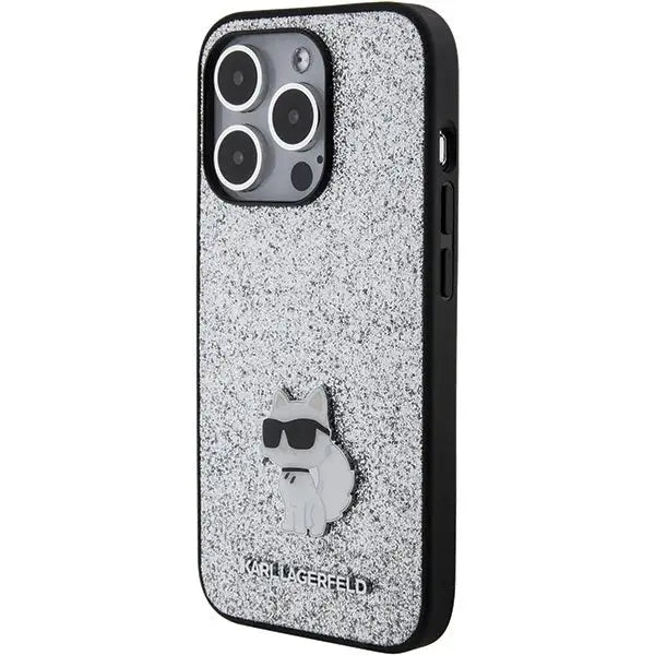 Karl Lagerfeld Fixed Glitter Choupette Logo Metal Pin Case for iPhone 15 Pro - Silver - Cell phone cases