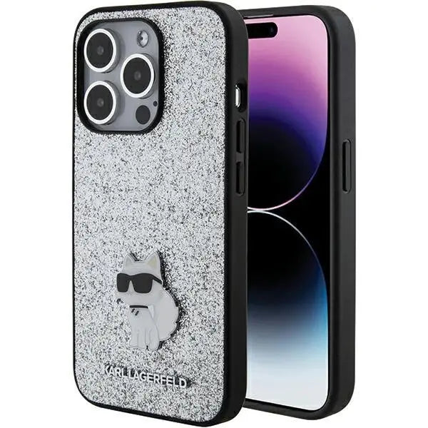 Karl Lagerfeld Fixed Glitter Choupette Logo Metal Pin Case for iPhone 15 Pro - Silver - Cell phone cases
