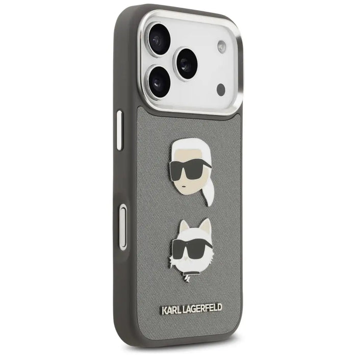 Karl Lagerfeld FW Grained Karl & Choupette Heads Pins & Logo iPhone 17 Pro Case - Gray - Cell phone cases