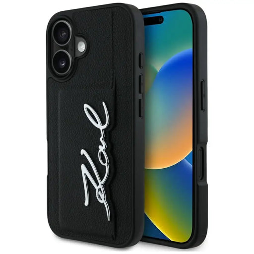 Karl Lagerfeld HC Grained PU Cardslot Metal Signature iPhone 16 Case - Black - Cell phone cases and covers<<<HurtelXML