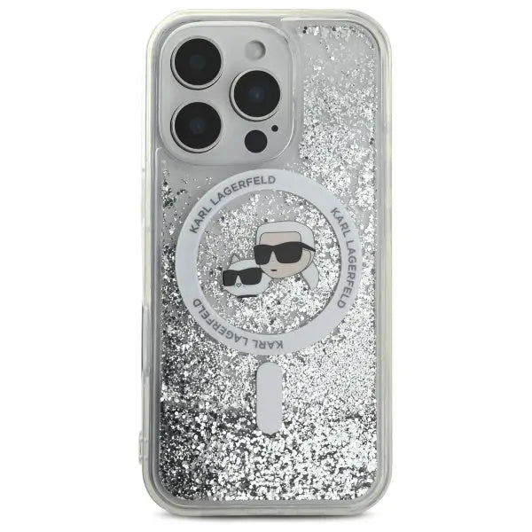 Karl Lagerfeld Liquid Glitter Karl & Choupette Head Magsafe iPhone 16 Pro Case - Clear - Cell phone cases