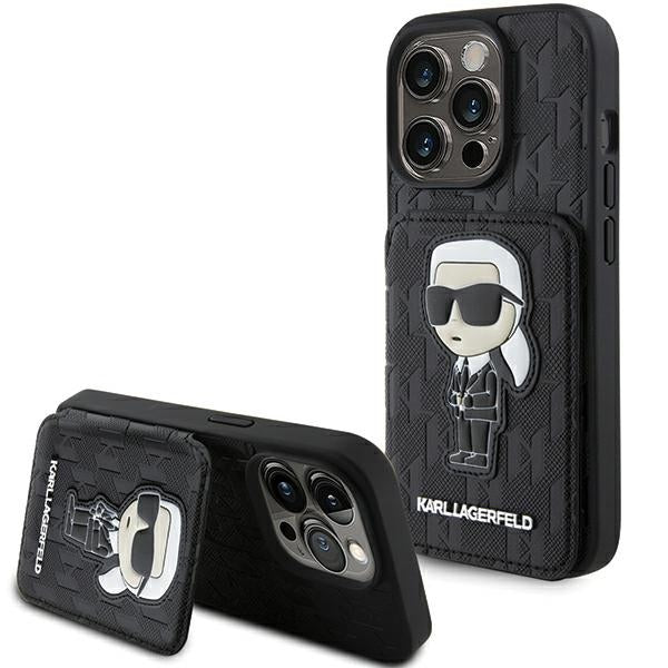 Karl Lagerfeld Saffiano Cardslots and Stand Monogram Ikonik Patch case for iPhone 15 Pro Max - black - Cell phone cases