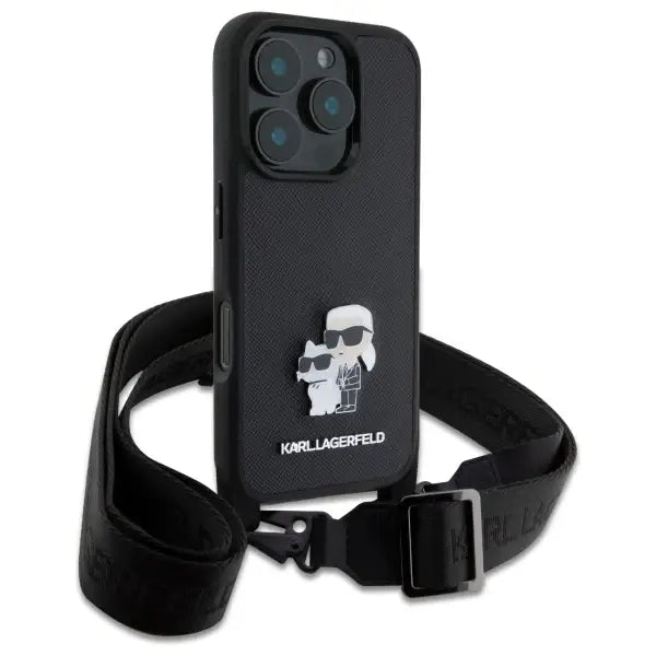 Karl Lagerfeld Saffiano Karl&Choupette Metal Pin CBDY Strap iPhone 16 Pro Max Case - Black - Cell phone cases