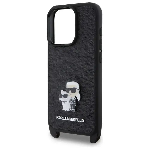 Karl Lagerfeld Saffiano Karl&Choupette Metal Pin CBDY Strap iPhone 16 Pro Case - Black - Cell phone cases