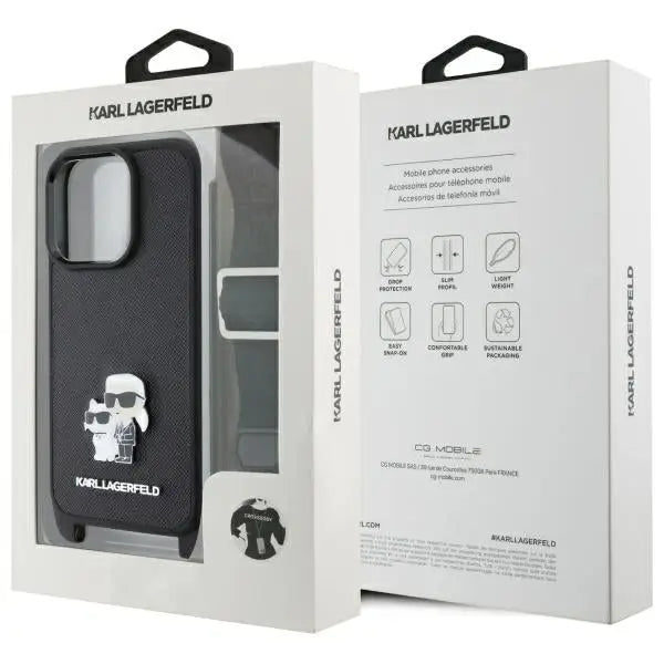 Karl Lagerfeld Saffiano Karl&Choupette Metal Pin CBDY Strap iPhone 16 Pro Case - Black - Cell phone cases
