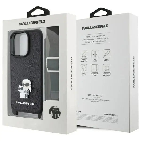 Karl Lagerfeld Saffiano Karl&Choupette Metal Pin CBDY Strap iPhone 16 Pro Max Case - Black - Cell phone cases