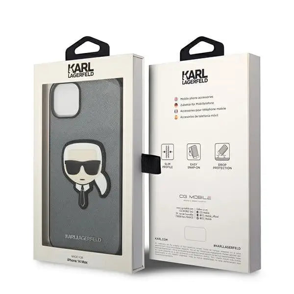 Karl Lagerfeld Saffiano Karl’s Head Patch case for iPhone 14 Plus - silver - Cell phone cases and covers<<<HurtelXML
