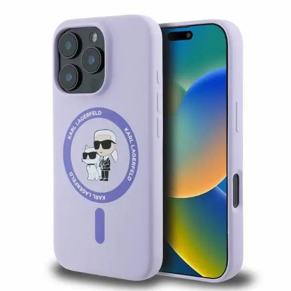 Karl Lagerfeld Silicone Karl&Choupette Heads Ring MagSafe Case for iPhone 16 Pro Max - Purple - Cell phone cases