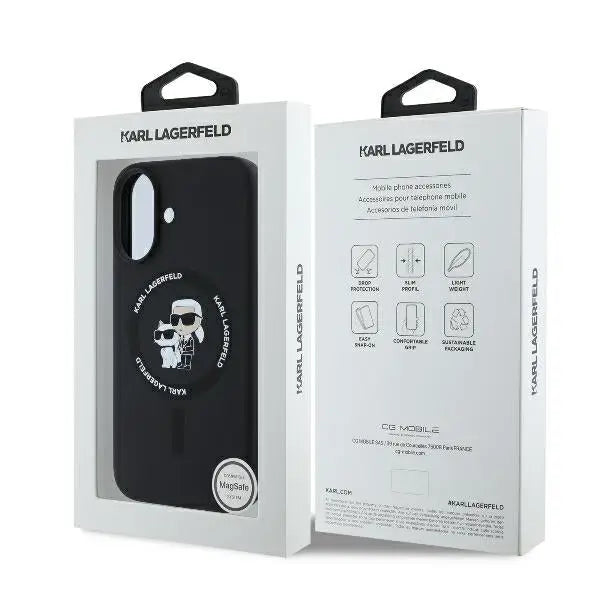 Karl Lagerfeld Silicone Karl&Choupette Heads Ring MagSafe Case for iPhone 16 Plus - Black - Cell phone cases