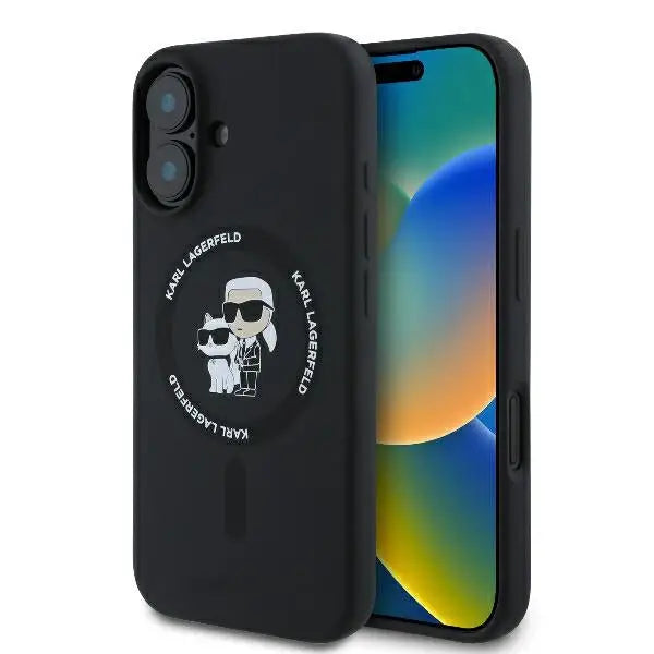Karl Lagerfeld Silicone Karl&Choupette Heads Ring MagSafe Case for iPhone 16 Plus - Black - Cell phone cases