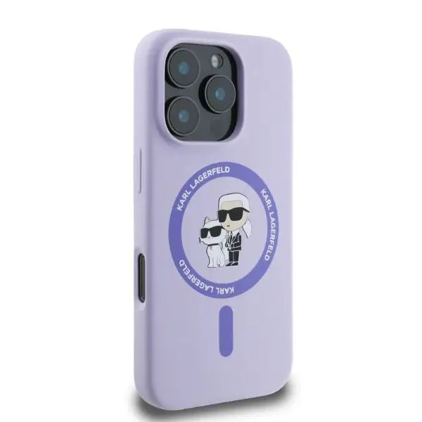 Karl Lagerfeld Silicone Karl&Choupette Heads Ring MagSafe Case for iPhone 16 Pro Max - Purple - Cell phone cases