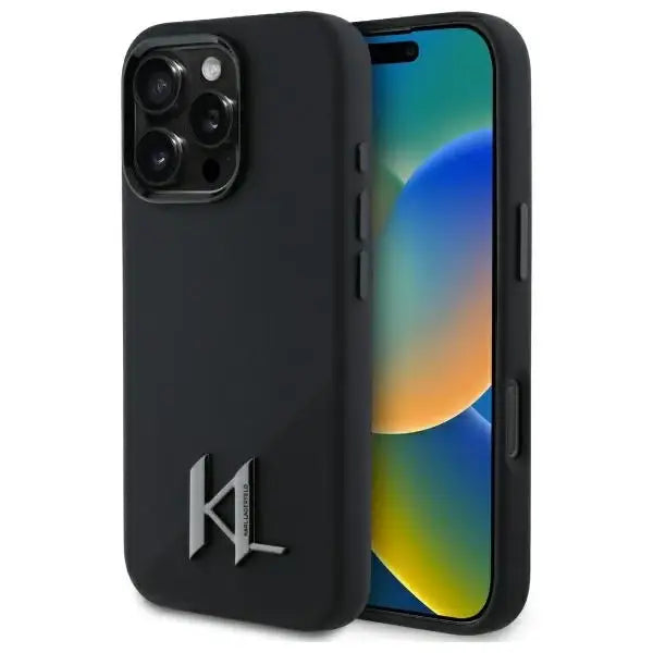 Karl Lagerfeld Silicone Shadow Metal Initial MagSafe iPhone 16 Pro Case - Black - Cell phone cases