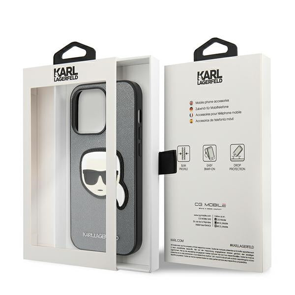 Karl Lagerfeld Saffiano Karl's Head Patch Case for iPhone 14 Pro - Silver