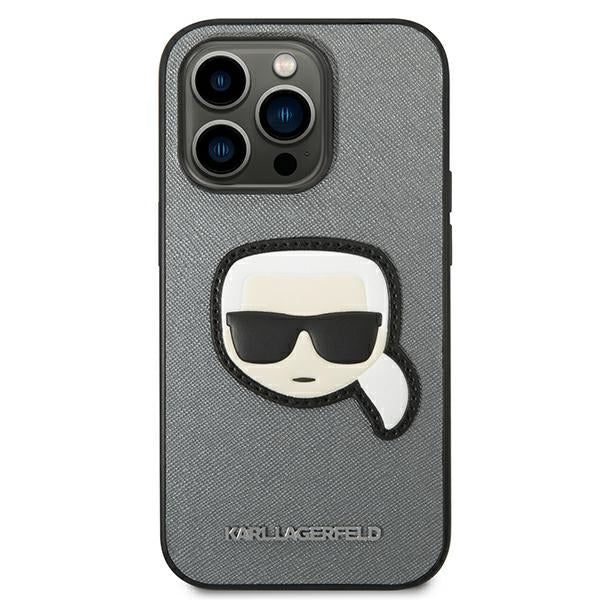 Karl Lagerfeld Saffiano Karl&#39;s Head Patch Case for iPhone 14 Pro - Silver