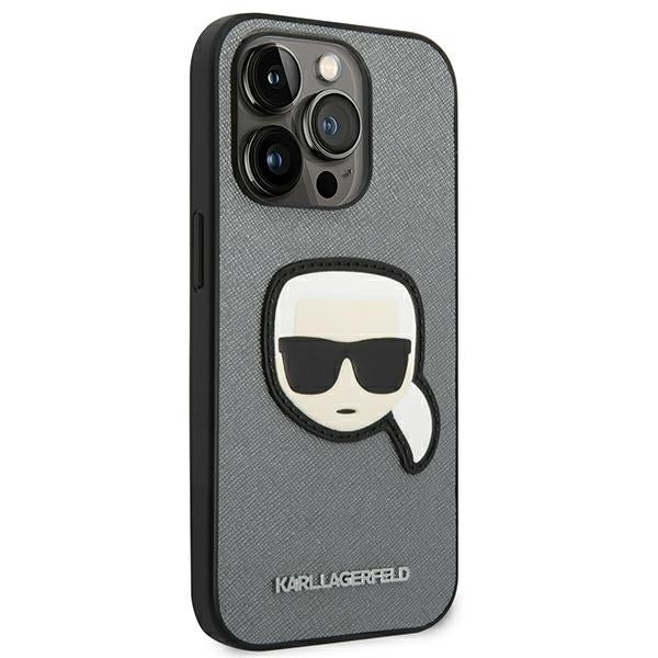 Karl Lagerfeld Saffiano Karl&#39;s Head Patch Case for iPhone 14 Pro - Silver