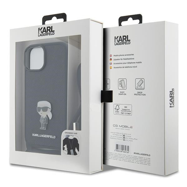 Karl Lagerfeld Crossbody Saffiano Monogram Metal Pin Karl & Choupette Case for iPhone 15 - Black