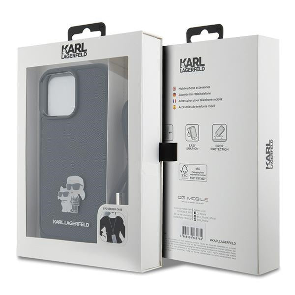 Karl Lagerfeld Crossbody Saffiano Metal Pin Karl & Choupette Case for iPhone 15 Pro Max - Black