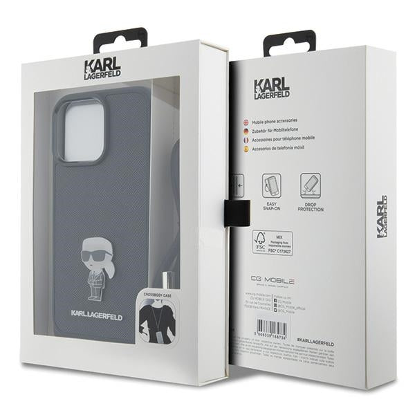 Karl Lagerfeld Crossbody Saffiano Monogram Metal Pin Karl &amp; Choupette Case for iPhone 15 Pro Max - Black