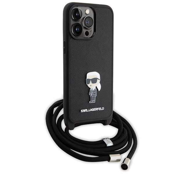 Karl Lagerfeld Crossbody Saffiano Monogram Metal Pin Karl &amp; Choupette Case for iPhone 15 Pro Max - Black