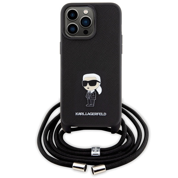 Karl Lagerfeld Crossbody Saffiano Monogram Metal Pin Karl &amp; Choupette Case for iPhone 15 Pro Max - Black
