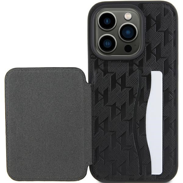 Karl Lagerfeld Saffiano Cardslots and Stand Monogram Ikonik Patch case for iPhone 15 Pro - black