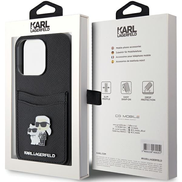 Karl Lagerfeld Saffiano Cardslot Karl&amp;Choupette Metal Pin case for iPhone 15 Pro - black