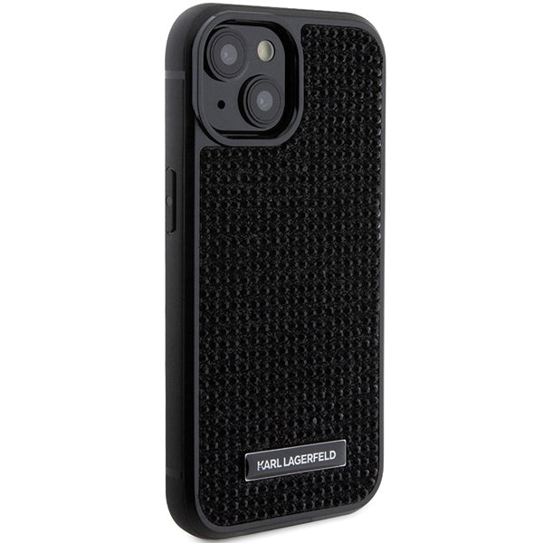 Karl Lagerfeld Rhinestone Logo Metal Plate case for iPhone 15 - black